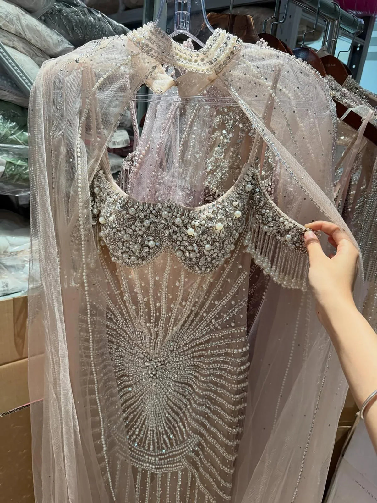 Zapdress Caramel Pearl Beaded Illusion Mermaid Evening Gown 2026 Party Dresses with Sheer Cape DLA73148C Customized (ZD17234)