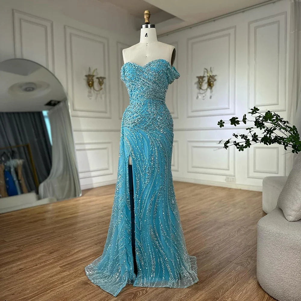 Zapdress Light Blue Off Shoulder Mermaid High Split Beaded Evening Dresses Party Gowns For Women 2025 DLA72262 Customized (ZD17269)