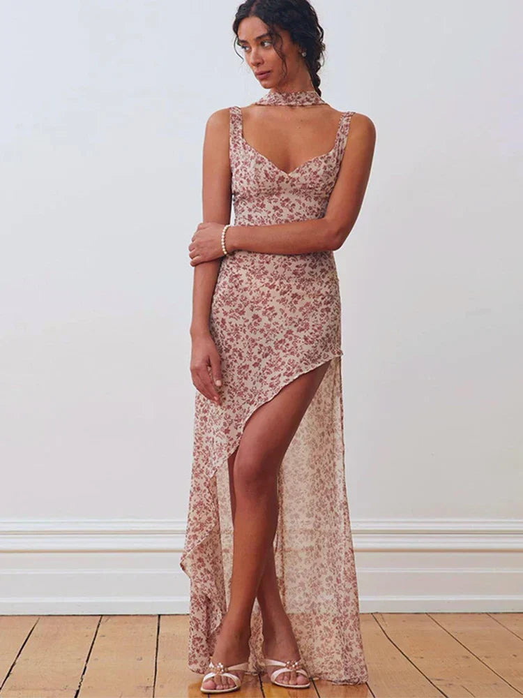 Chiffon Lace Up Slit Floral Dress - View 3 | VelvetHem