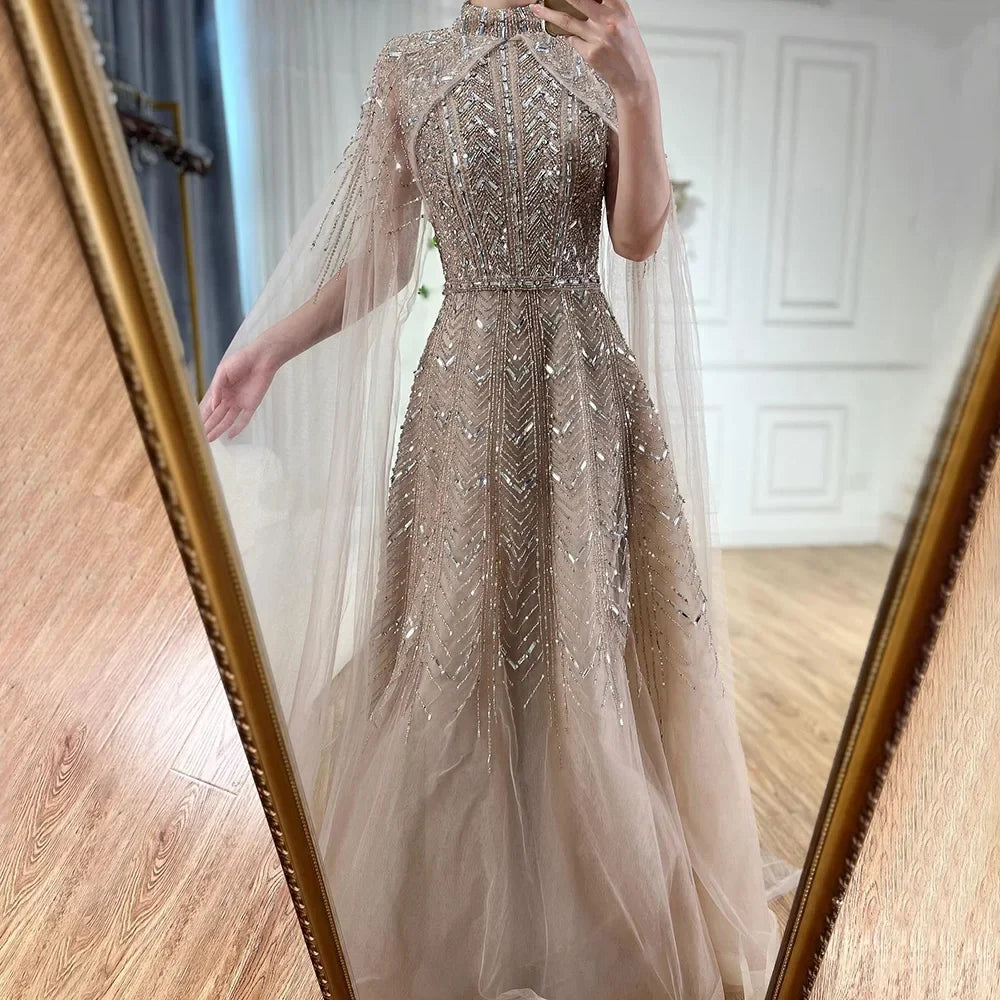 Zapdress Customized 2025 Blue Beaded A-Line Cape Sleeves Formal Evening Dresses Elegant Party Gowns for Women (ZD17192)