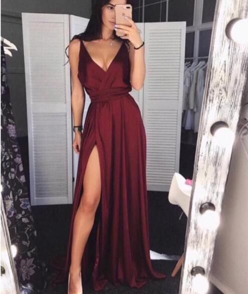 Simple Burgundy V-Neck Satin Prom Dress Long Evening Dress With Split S6547 - VelvetHem