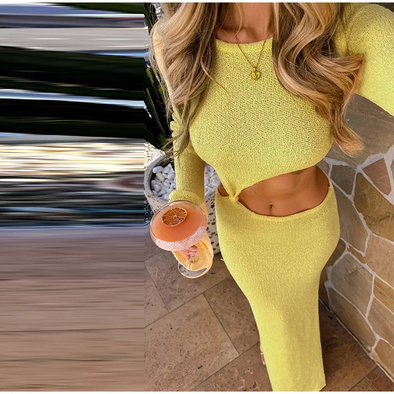 Knitted Hollow Out Solid O - neck Slit Maxi Dress
