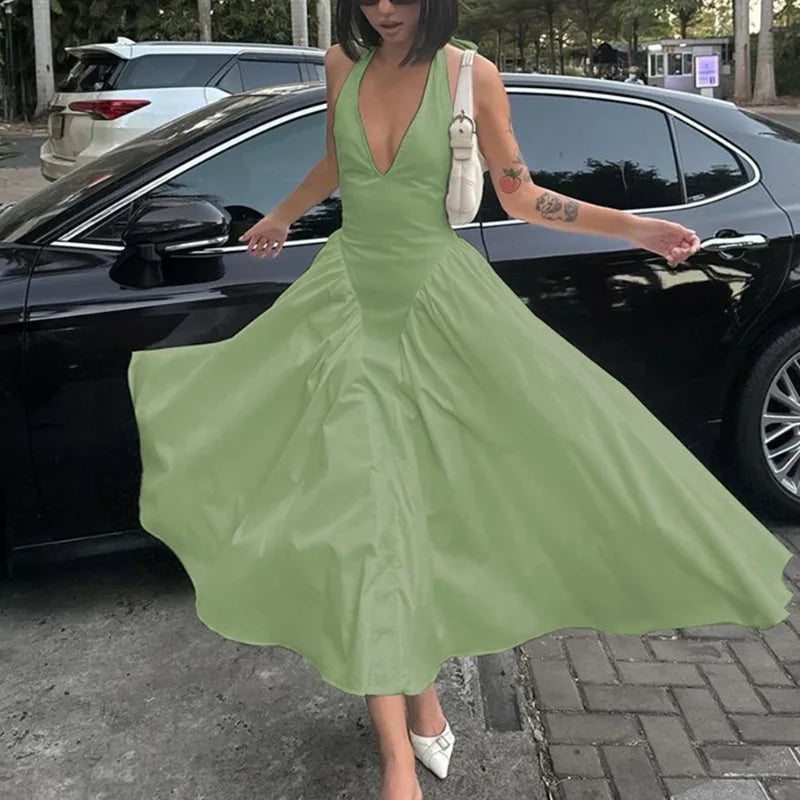 Backless Deep V Spliced Long Midi Dress - View 9 | VelvetHem