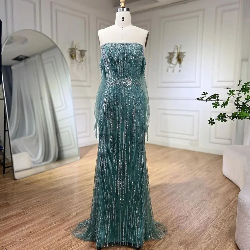 Zapdress Turquoise Strapless Mermaid Beaded Evening Party Dresses Gowns with Gloves Customized (ZD17249)