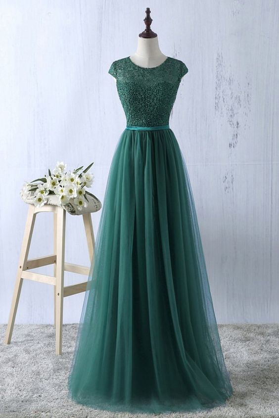 Green tulle lace top round neck long evening dresses simple formal dress S6796 - VelvetHem