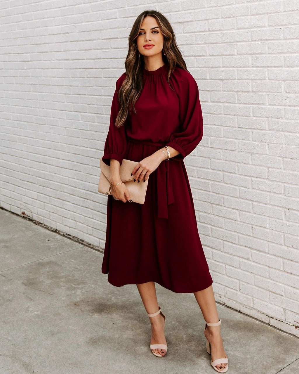 Elegant Office Dress Formal Loose Green Long Sleeve Belt ALine Midi Dresses