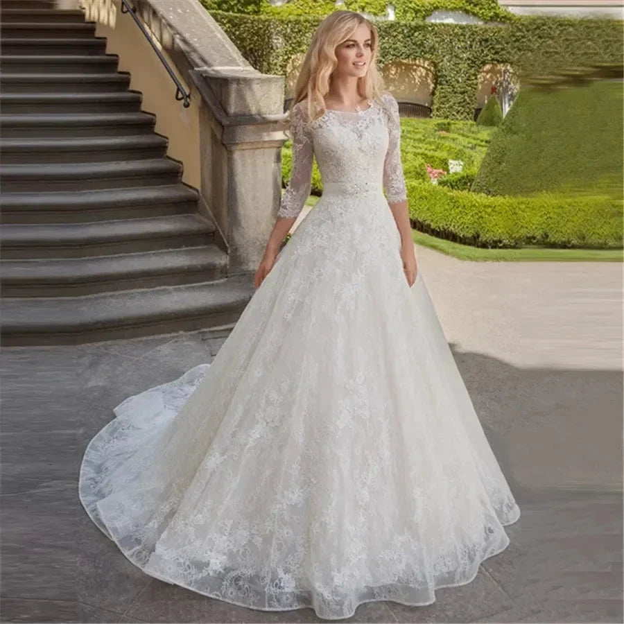 Appliques Vestido De Noiva Ribbons Belt Vestidos De Novia Three Quarter Sleeve Wedding Dresses Lace Robe De Mariée (ZD14080)