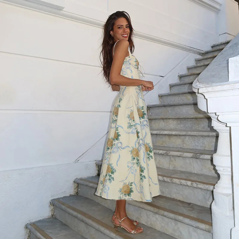 Pleated Print A-line Spaghetti Summer Dress - View 4 | VelvetHem