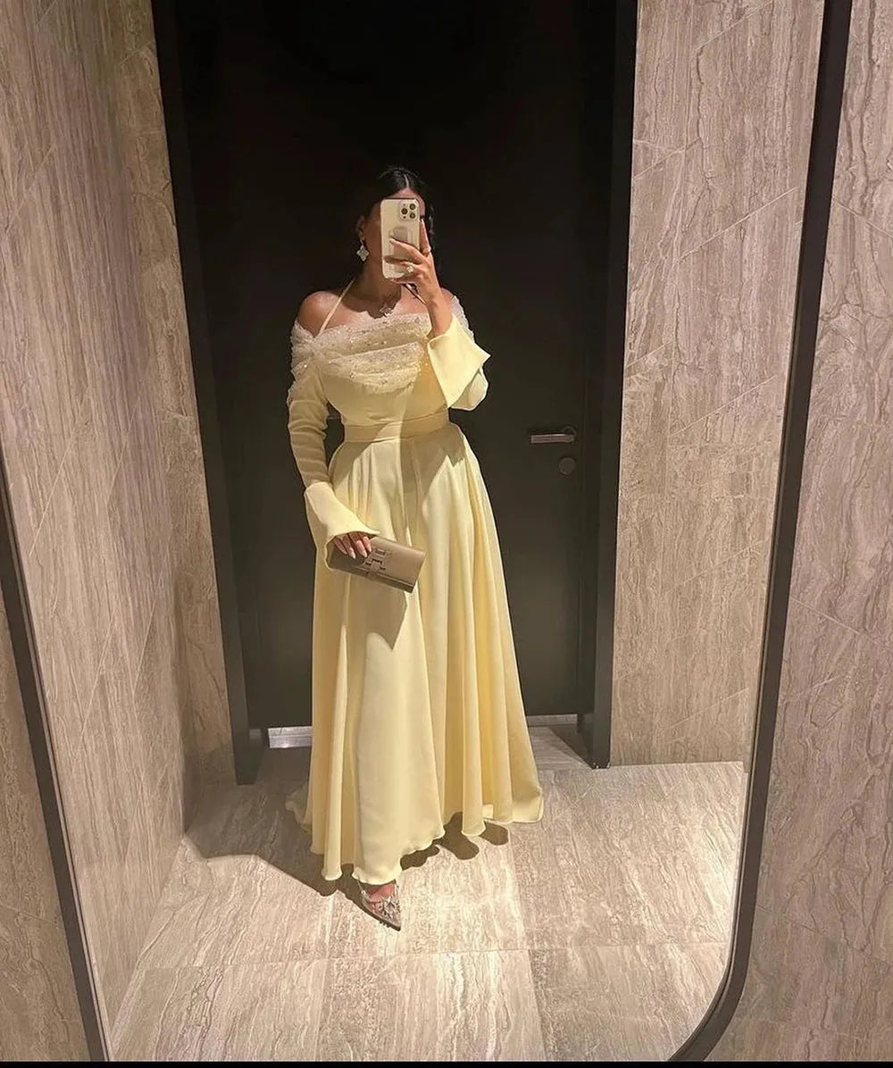 Yellow Evening Dresses Chiffon Off The Shoulder Pleats Prom Dresses Arabic Women's Formal Party Dresses