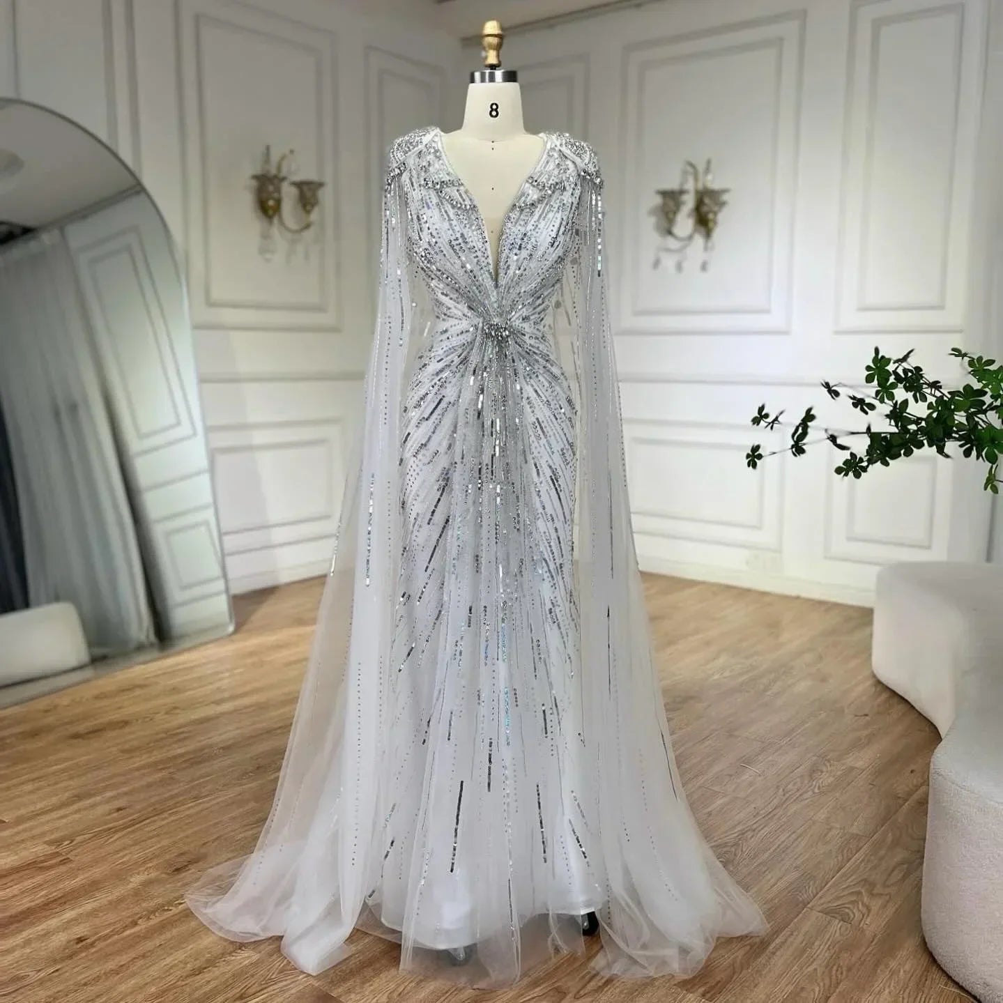 Zapdress V-neck Turquoise Beaded Mermaid Evening Dress with Cape Plus Size Party Gowns for Women DLA72168A Customized (ZD17231)