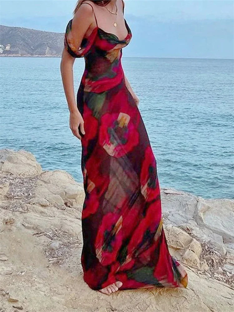 Print Mesh Pleated Off Shoulder Maxi Dress - VelvetHem