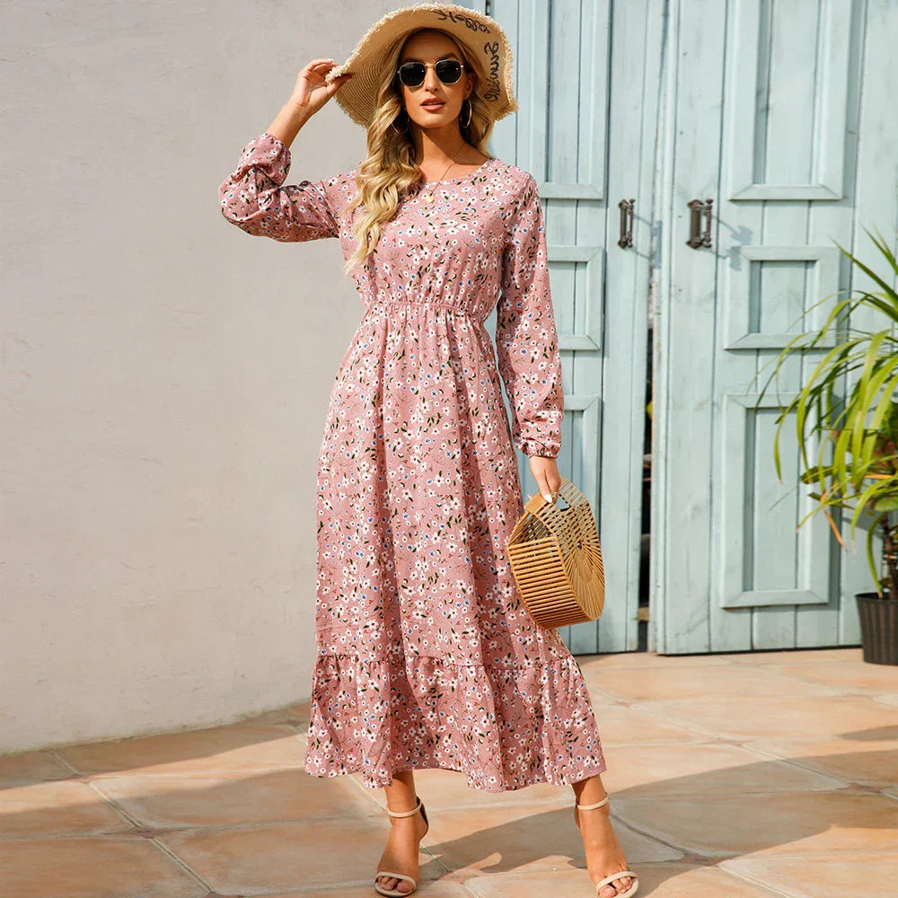 Natasha Effortless Women's Bohemian Floral Chiffon Maxi Dress with Long Sleeves Elevated Occasion Wear