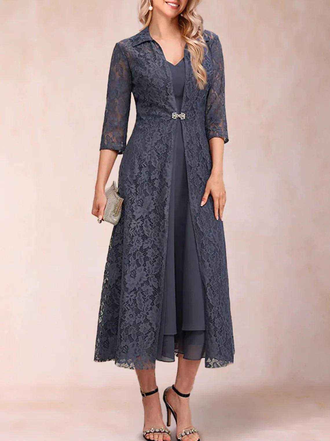 Mother Of The Bride Dress - Fashion A-Line Evening Dress Sleeveless V-Neck Chiffon Tea-Length Ruffles Lace Mother of the Bride Dress Free Customized tormy Blue