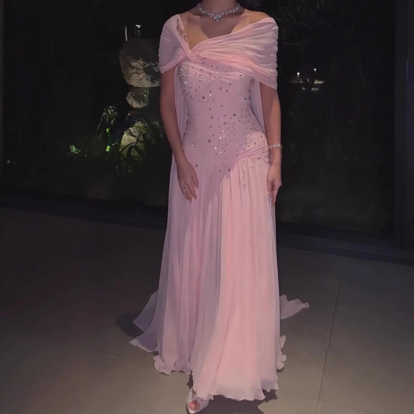 Zapdress Pink Chiffon Mermaid Evening Gowns 2026 Elegant Mermaid Off-Shoulder Pleated Ruched Prom Dresses LA73347 Customized (ZD17312)