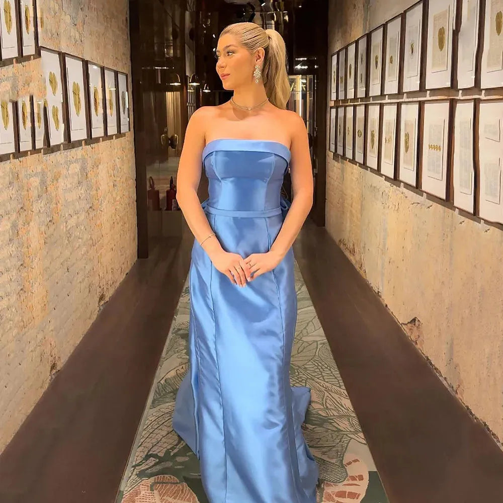 Blue Mermaid Evening Dresses With Belt Bow Strapless Corset Formal Occasion Gown Elegant Satin Long Prom Party Dress Blue