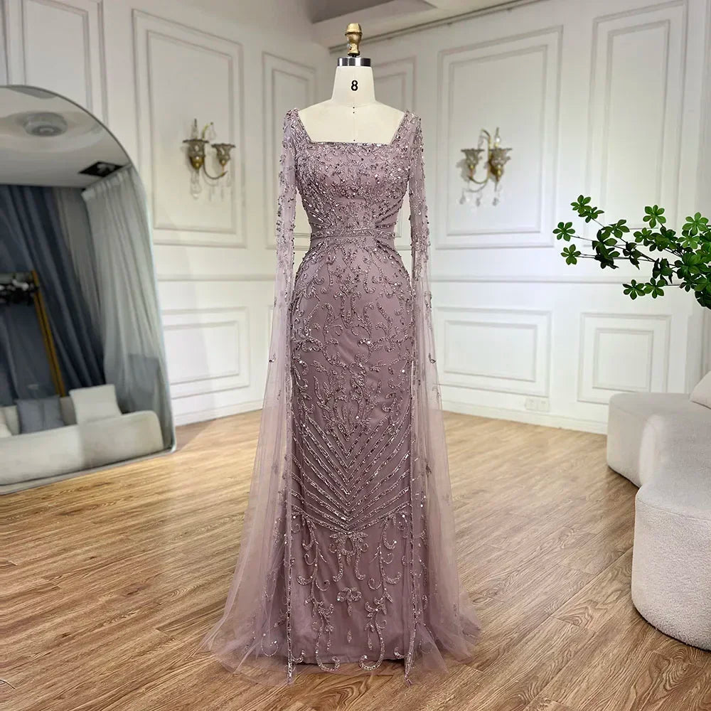 Zapdress 2026 Dubai Pink Mermaid Long Evening Dress with Beaded Cape Gown for Wedding Occasion DLA72400A Customized (ZD17244)