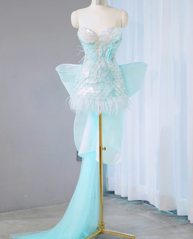 Charming Baby Blue Sequin Short Party Dress Birthday Dress With Bow