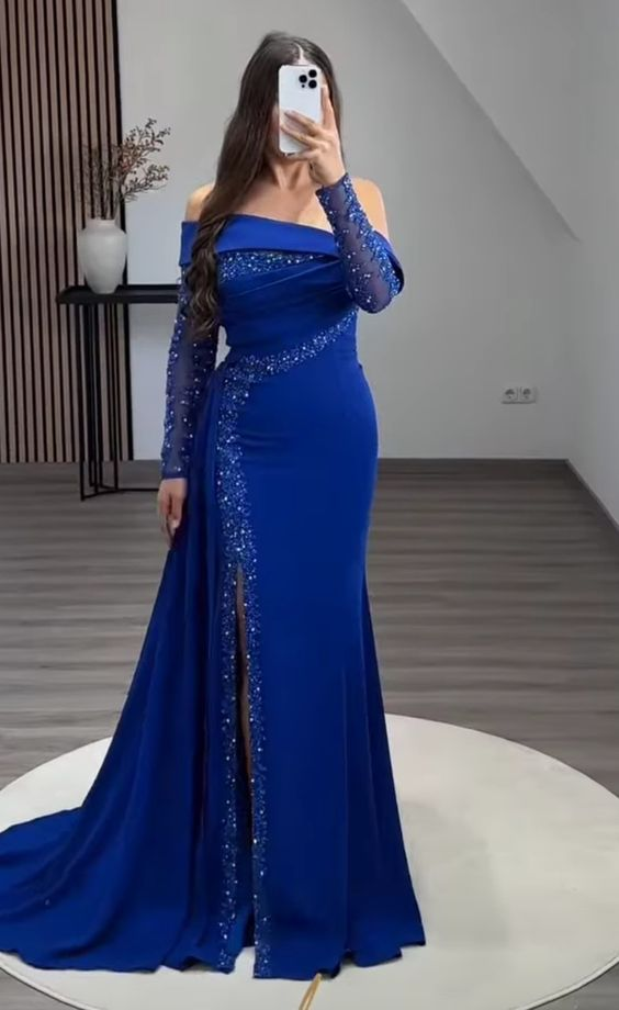 Elegant Blue Sheath Prom Dress With Split,Blue Evening Dress