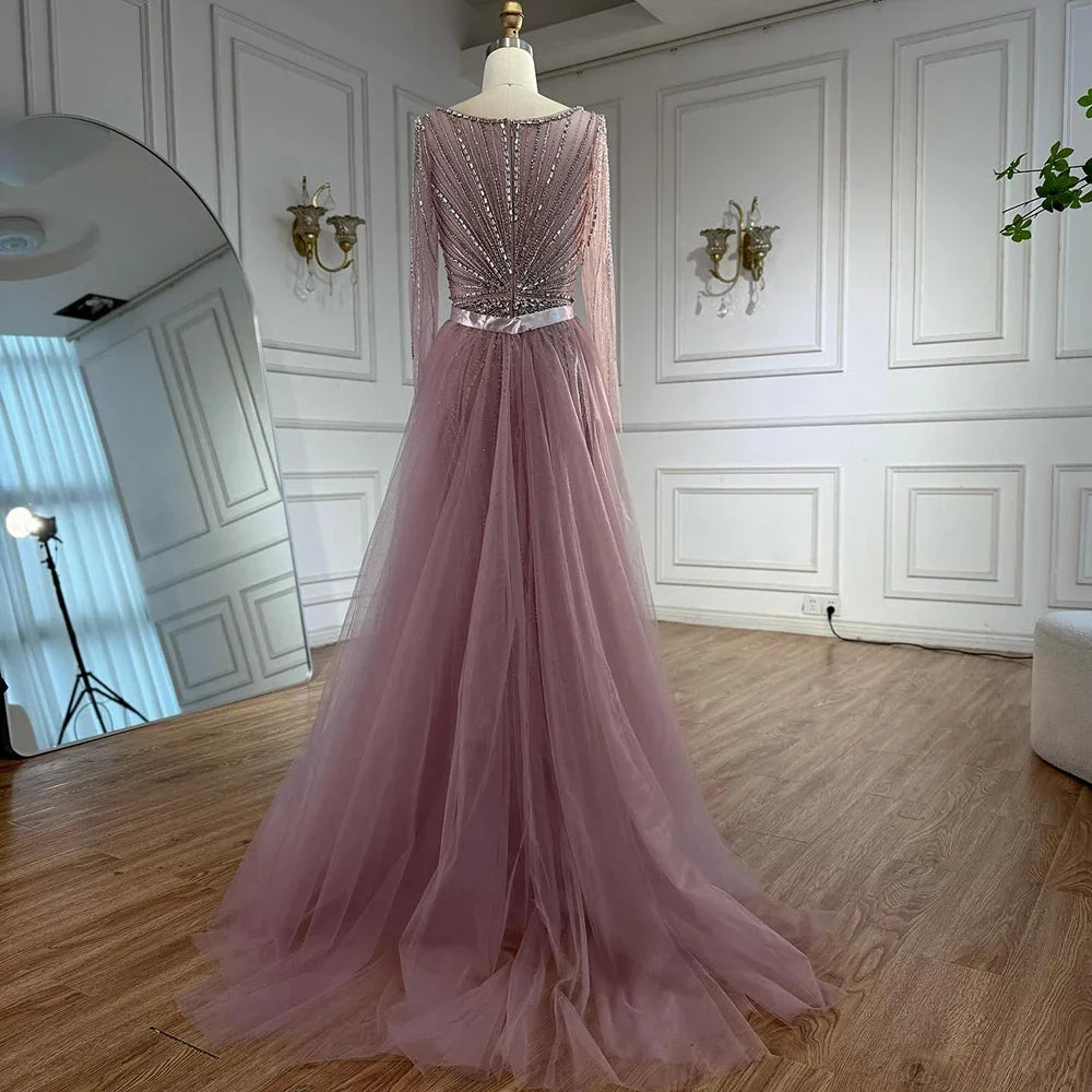 Zapdress Pink V-neck Long Sleeves Beaded Evening Dress with Detachable Overskirt Party Gown for Women Customized (ZD17196)