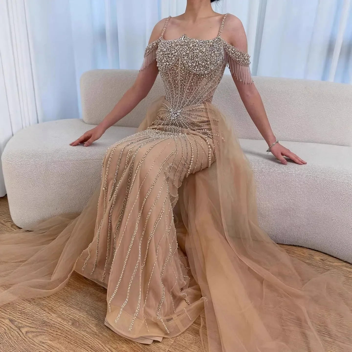 Zapdress 2026 Mermaid Evening Gowns Pearl Beaded Tassel Formal Party Dresses for Wedding Guest DLA73148B Customized (ZD17311)