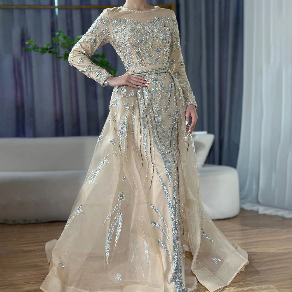 Zapdress Customized Nude Long Sleeves Mermaid Beaded Muslim Evening Dresses Overskirt Dubai Party Gowns For Women (ZD17233)