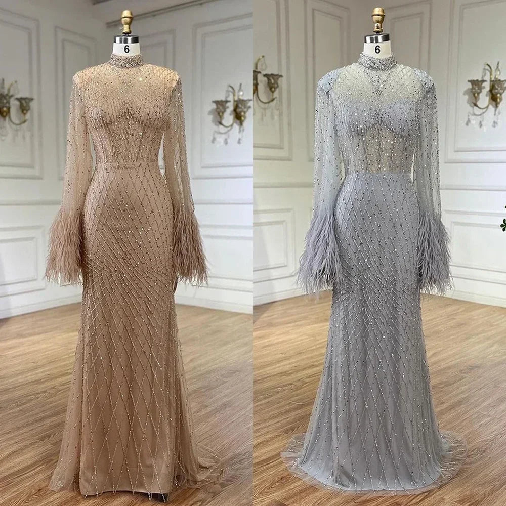 Zapdress Nude High Neck Long Sleeves Feathers Mermaid Beaded Evening Dress Party Gowns for Women DLA72394 Customized (ZD17242)