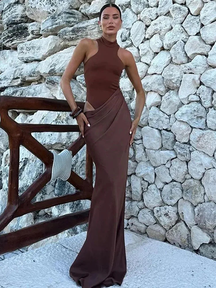 Satin Hollow Out Black Maxi Dress