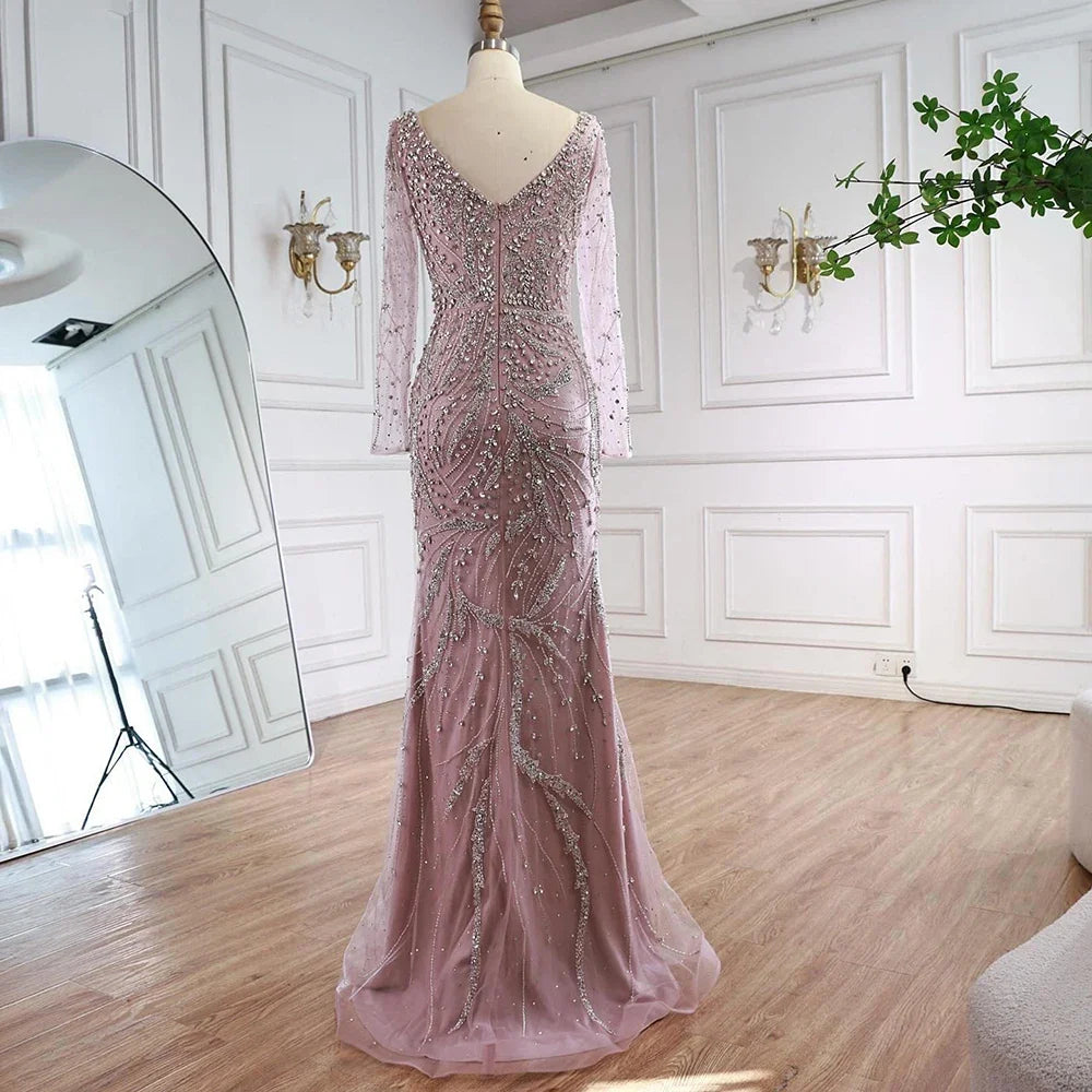 Zapdress Pink V-neck Long Sleeves Mermaid Luxury Beaded Evening Dress 2026 Wedding Party Gowns DLA73191 Customized (ZD17300)