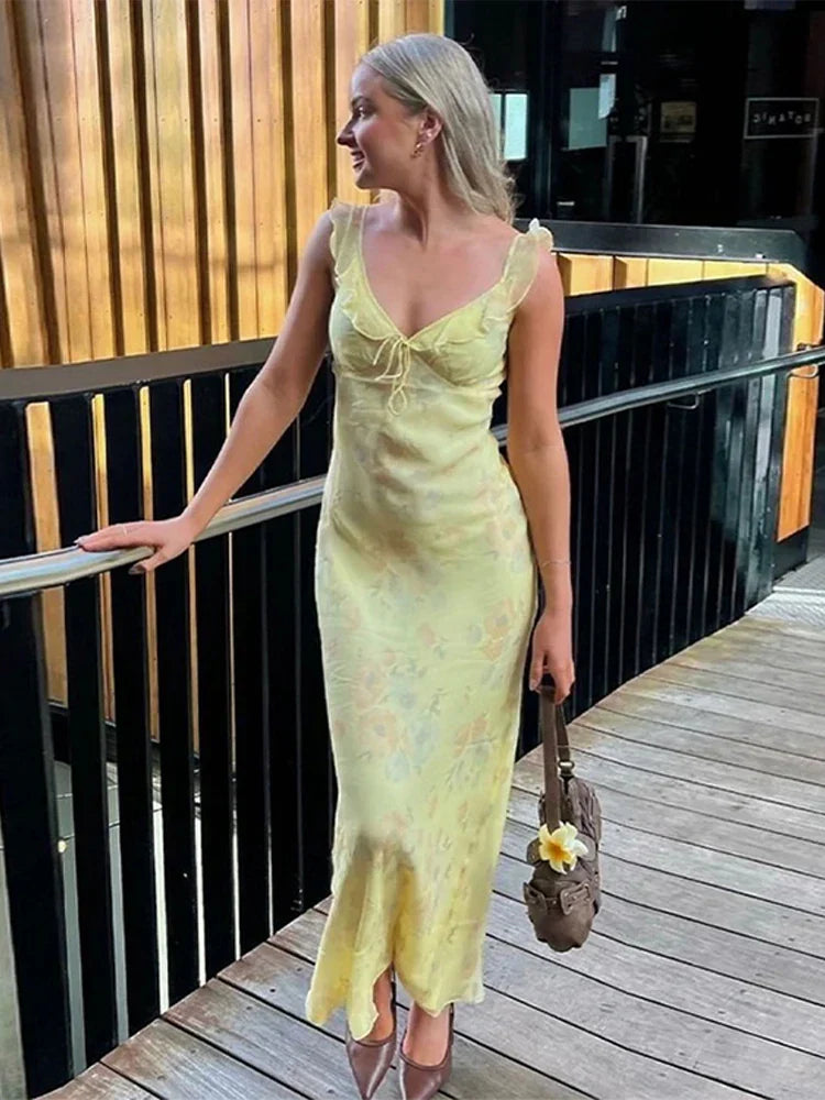 Ruffled Sling Backless Floral Dress - View 3 | VelvetHem