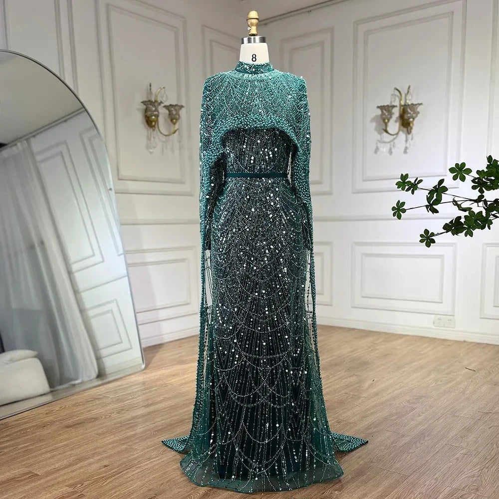 Zapdress Customized Muslim Hijab Sage Green Long Sleeves Evening Dresses with Cape Dubai 2024 Party Gowns For Women LA72032M (ZD17199)