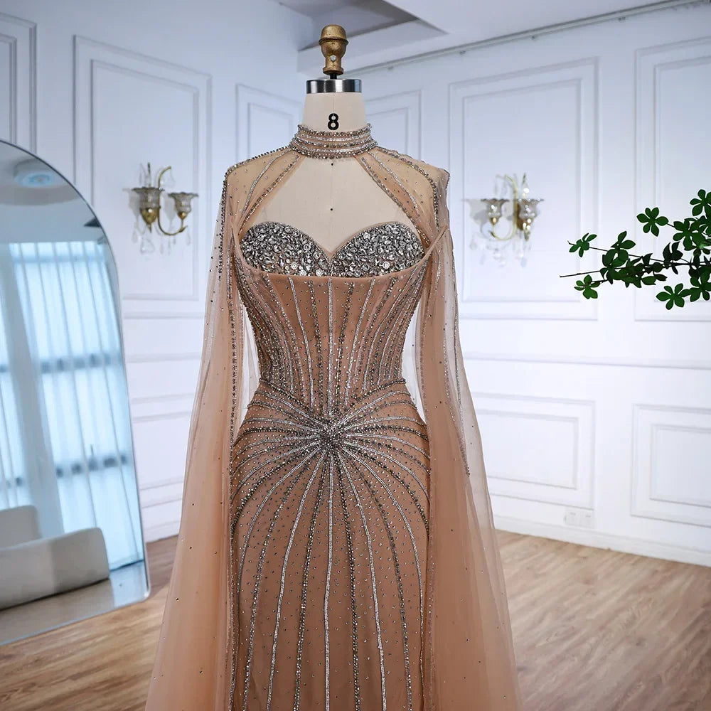 Luxury Nude Elegant Evening Gown Beaded Dress with Cape Sleeves for Formal Party Wear Zapdress DLA72811A Customized (ZD17216)