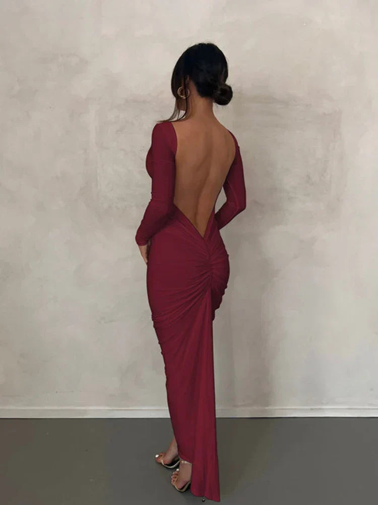 Draped Backless Long Sleeve Maxi Dress - View 8 | VelvetHem