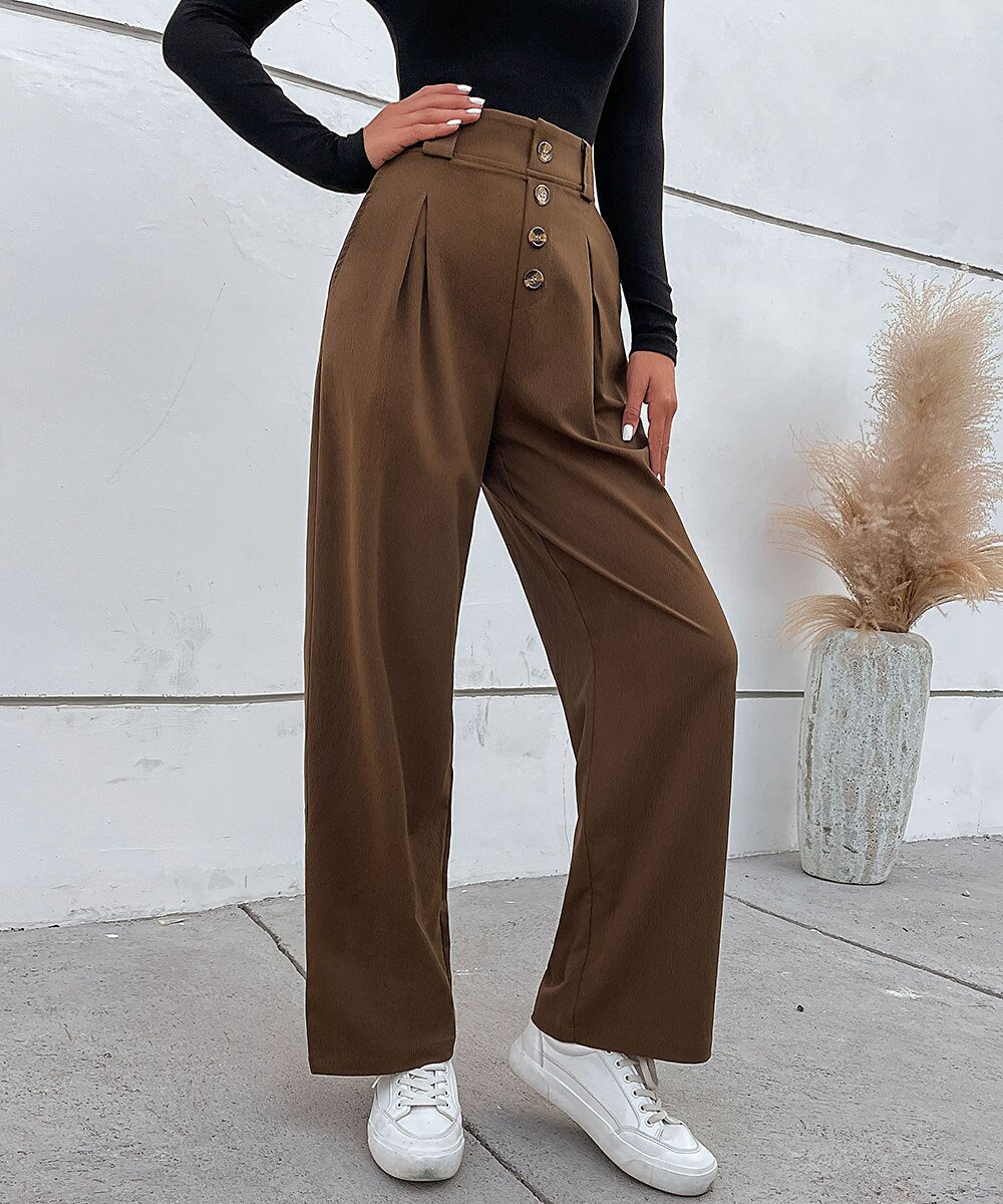 Solid Button Front Casual Women Pants