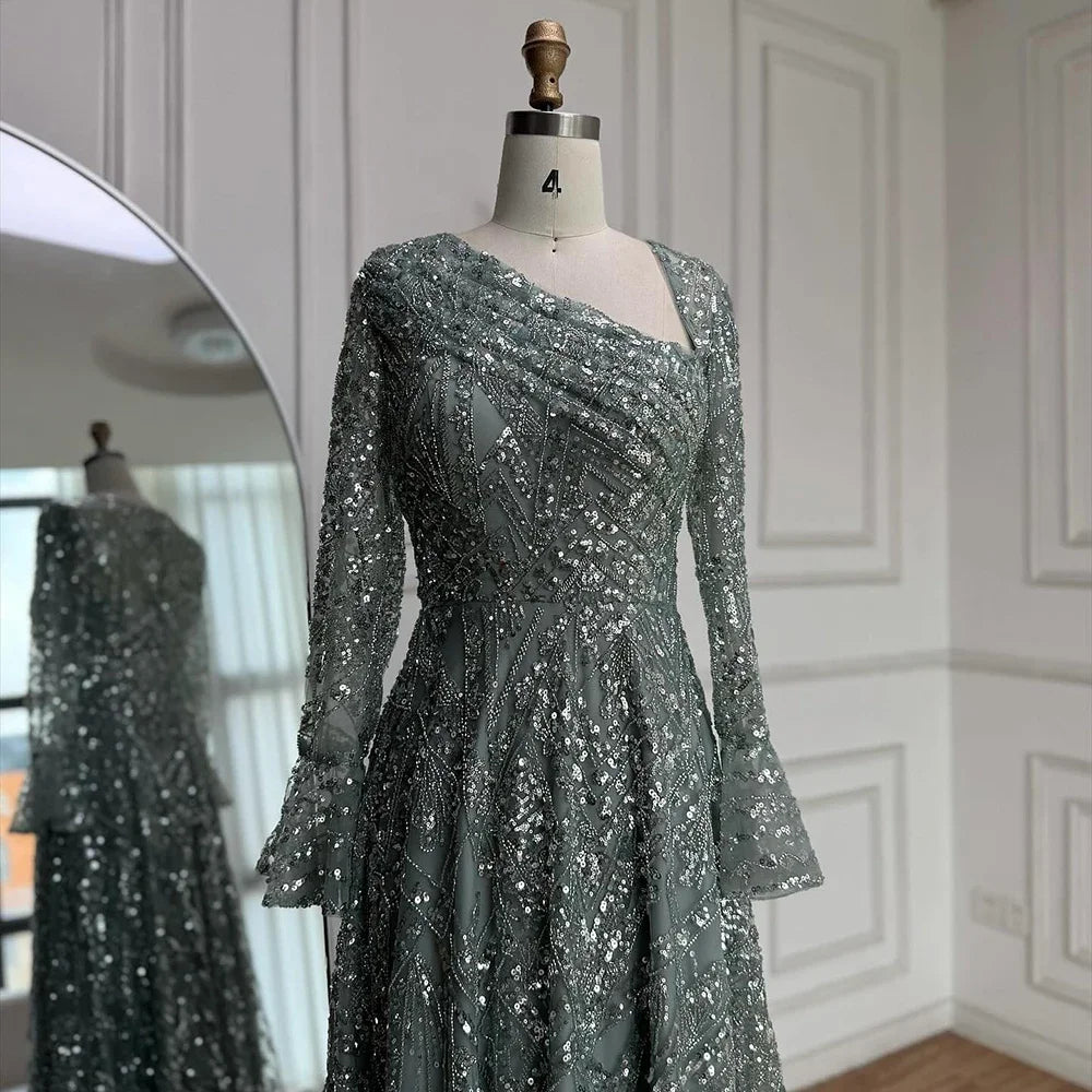 Zapdress Turquoise Long Sleeves A Line Pearls Beaded Evening Dresses Elegant Party Gowns for Women DLA73177 Customized (ZD17208)