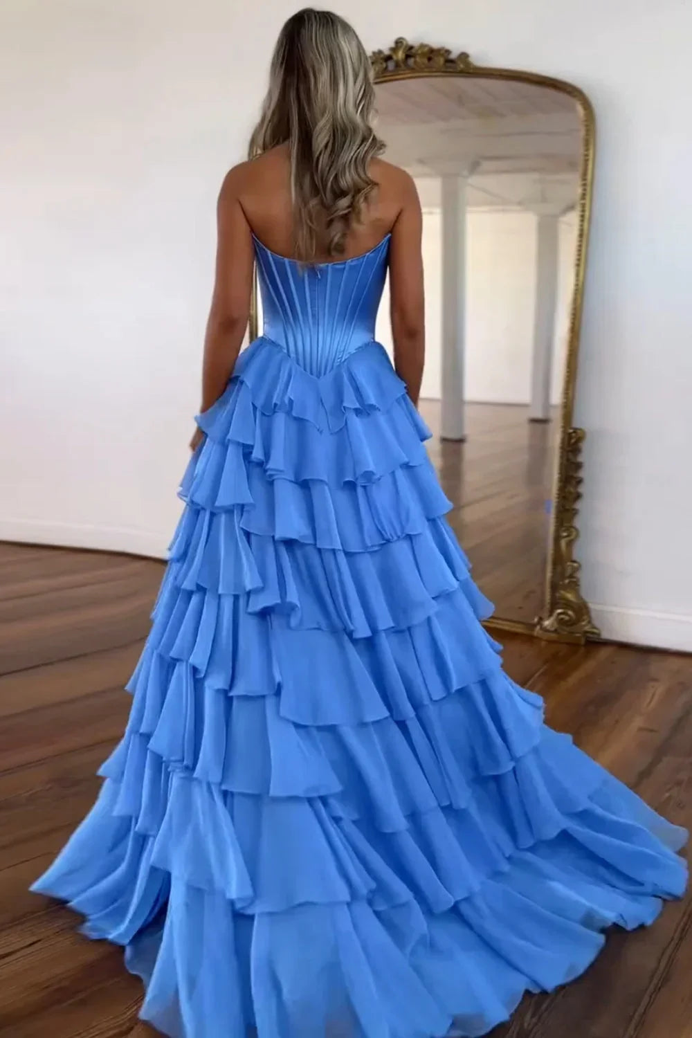 Cathy Strapless Tiered Ruffles A-line Prom Dress A-line Side Split vestidos de noiva Customized Zip Back Chiffon Evening Gown - View 2 | VelvetHem