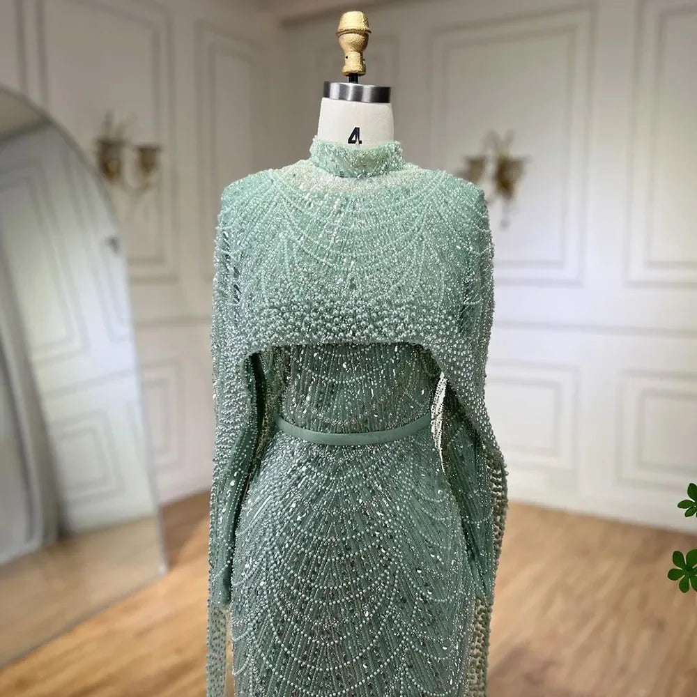 Zapdress Customized Muslim Hijab Sage Green Long Sleeves Evening Dresses with Cape Dubai 2024 Party Gowns For Women LA72032M (ZD17199)