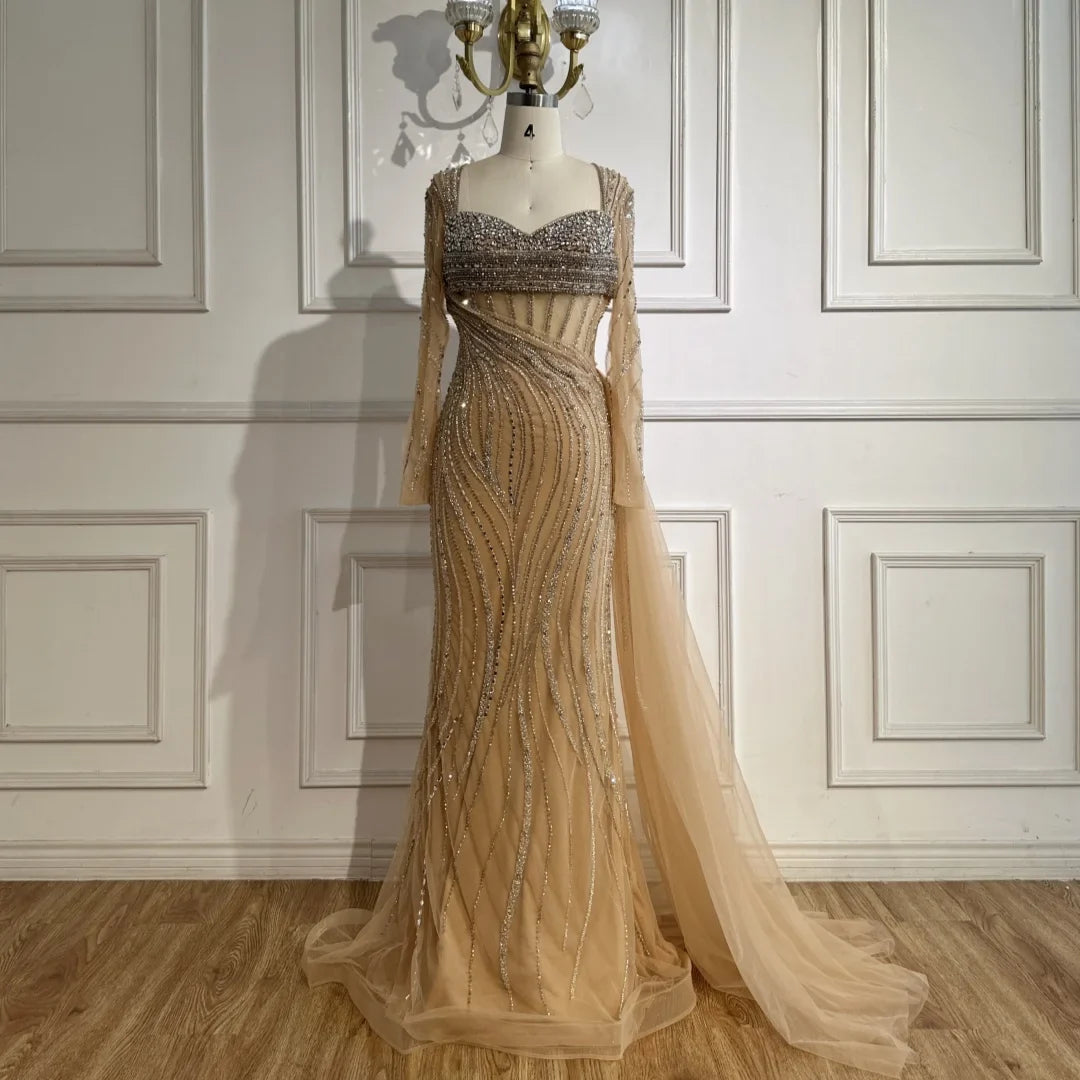 Zapdress Nude Long Sleeves Beaded Evening Dresses with Skirt 2025 Party Gowns for Formal Occasion DLA72812 Customized (ZD17214)