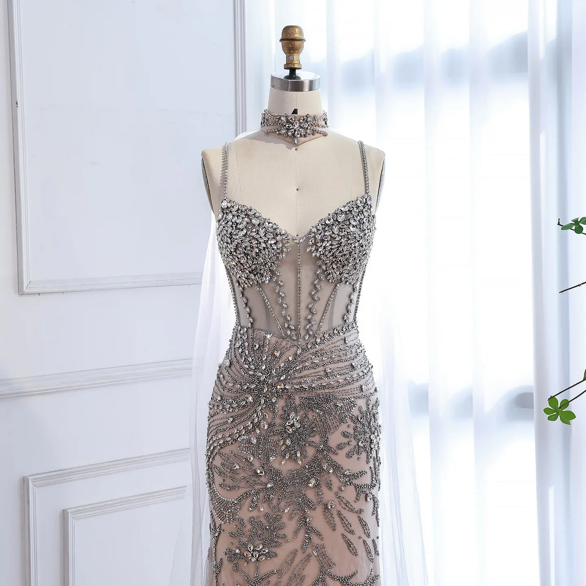 Zapdress Silver Nude Mermaid Beaded Evening Dress with Cape DLA73342 Wedding Party Gowns for Women 2026 Customized (ZD17344)
