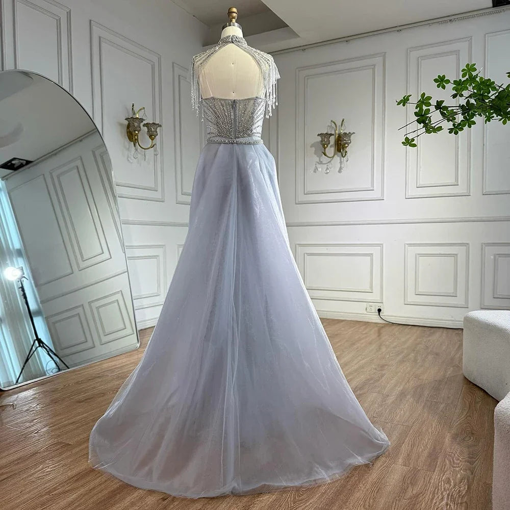 Zapdress Nude Mermaid Tassel Beaded Evening Dress with Detachable Overskirt Formal Party Gown for Women DLA73182 Customized (ZD17178)