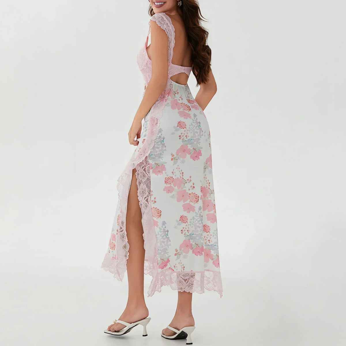 Lace Patchwork Slit Party Floral Dress - View 2 | VelvetHem
