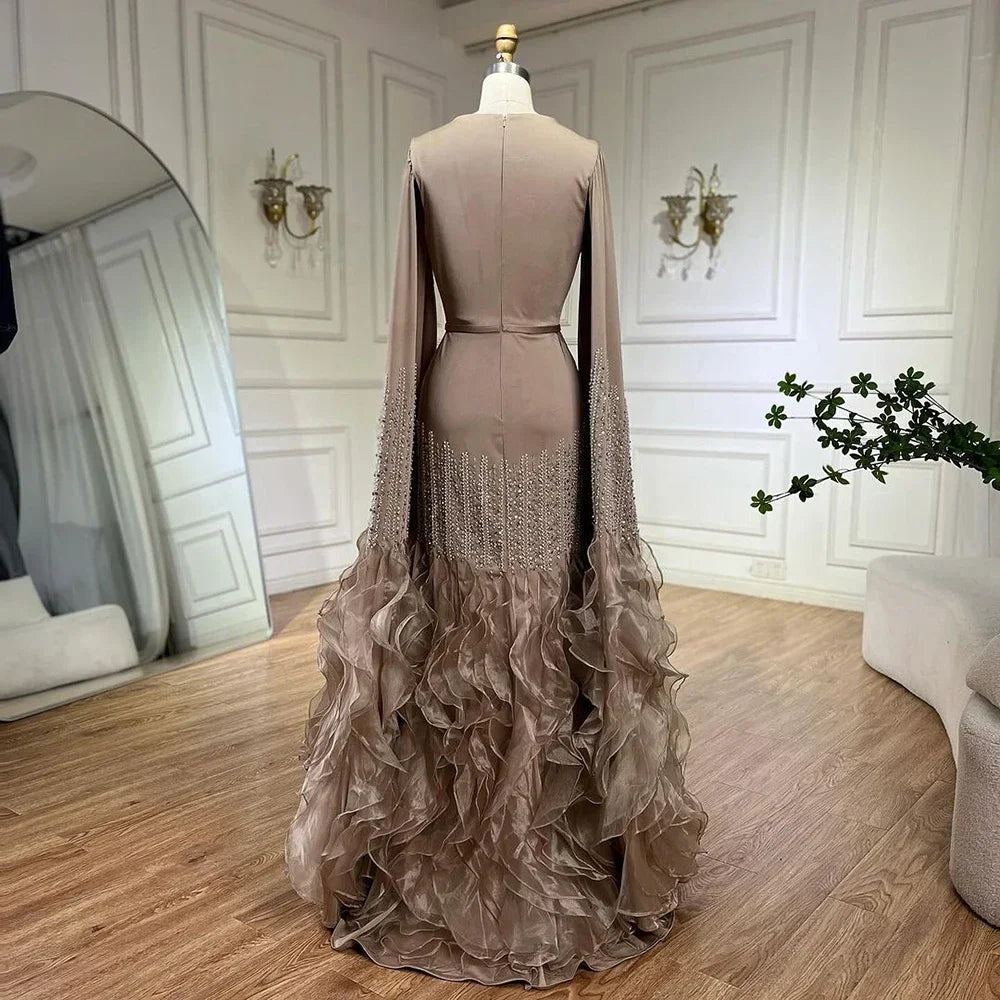 Zapdress 2025 Champagne Mermaid Luxury Cape Sleeves Beaded Satin Saudi Evening Dresses Gowns for Party DLA72317A Customized (ZD17235)