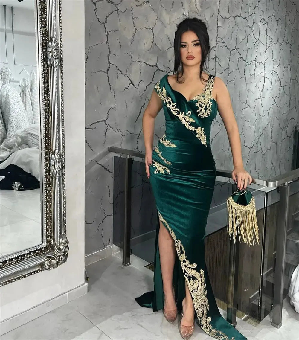 Elegant Mermaid Evening Dress V-Neck Sleeveless Lace Appliques Prom Gown Sheath Side Slit Floor Length Algerian Outfit Green