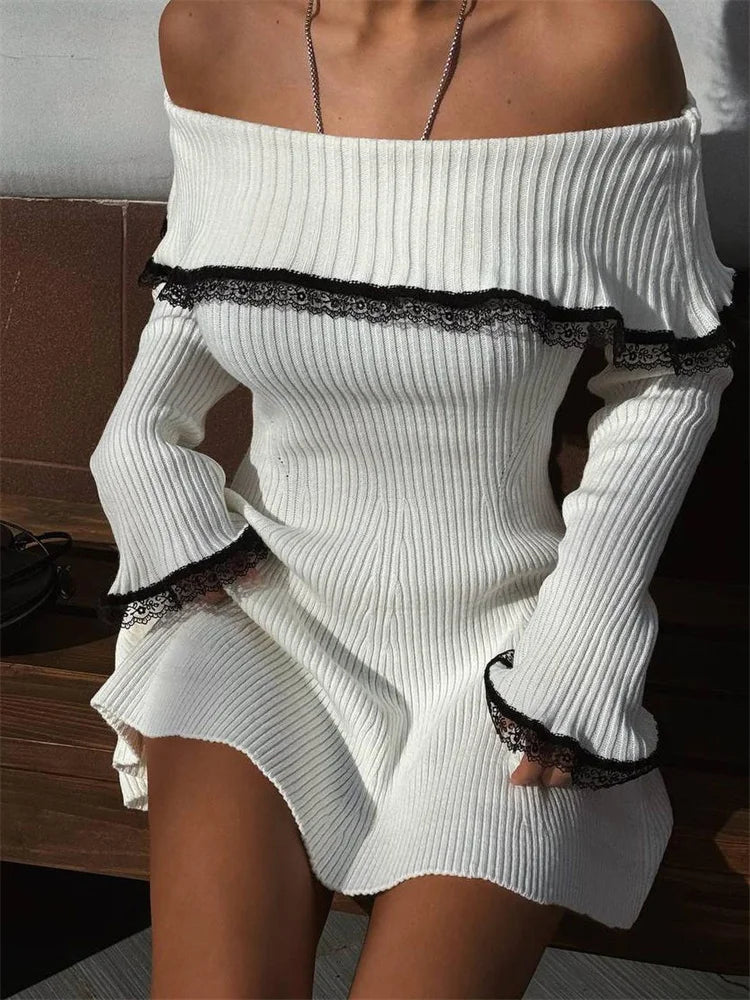 Fresia - Contrast - Lace Off - Shoulder Mini Dress
