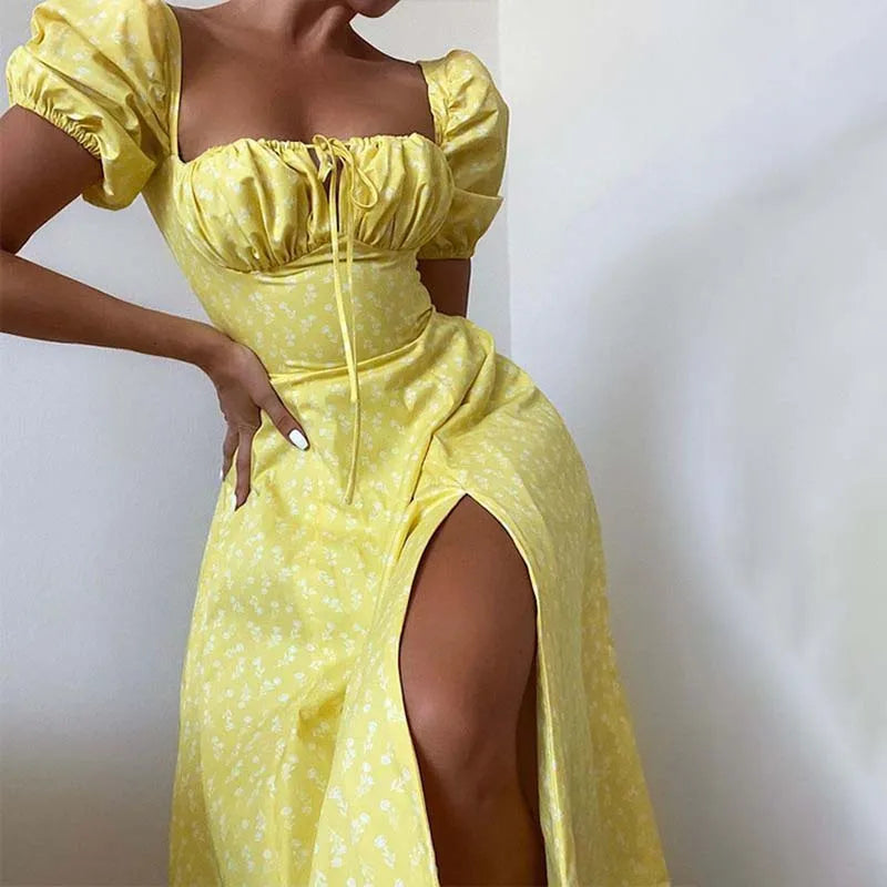 Split Short Sleeve A Line Floral Dress - View 15 | VelvetHem