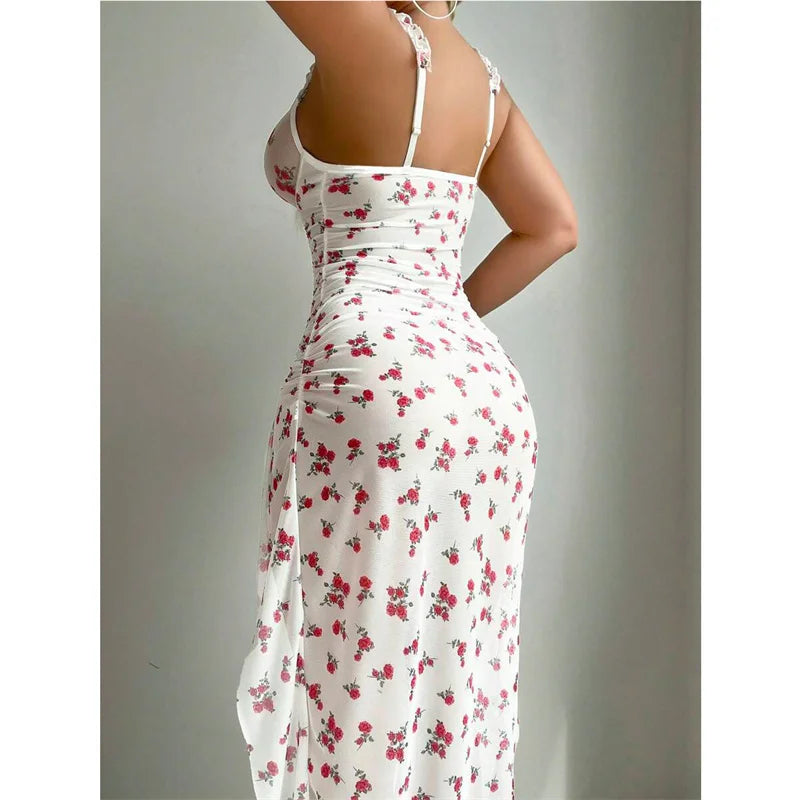 Split Rose Print Mesh Floral Dress - View 6 | VelvetHem