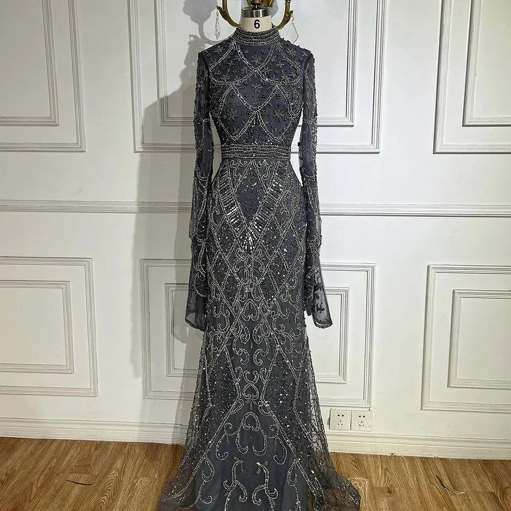 Zapdress Customized Muslim Gray Mermaid Cape Sleeve Beaded Evening Dress Dubai Elegant Party Gowns 2025 for Women (ZD17187)