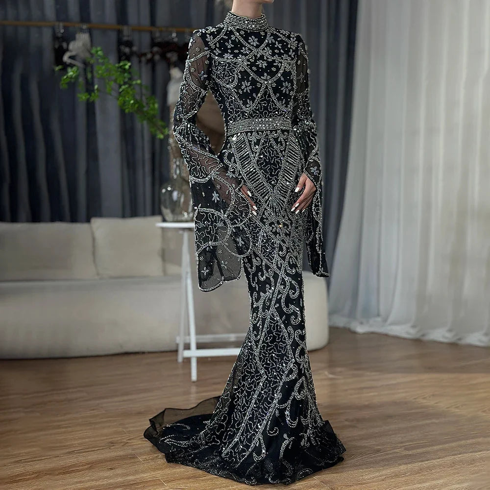 Zapdress Customized Muslim Gray Mermaid Cape Sleeve Beaded Evening Dress Dubai Elegant Party Gowns 2025 for Women (ZD17187)