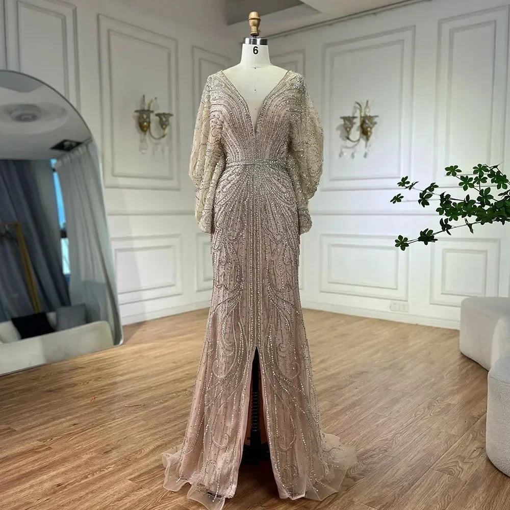 Zapdress Nude V-neck Mermaid Beaded Evening Dresses 2025 Wedding Party Gowns For Women DLA72288A Customized (ZD17221)