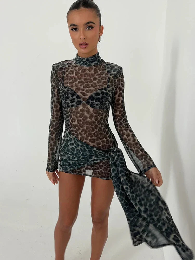 Leopard Sheer Bandage Long Sleeve Mini Dress - View 6 | VelvetHem