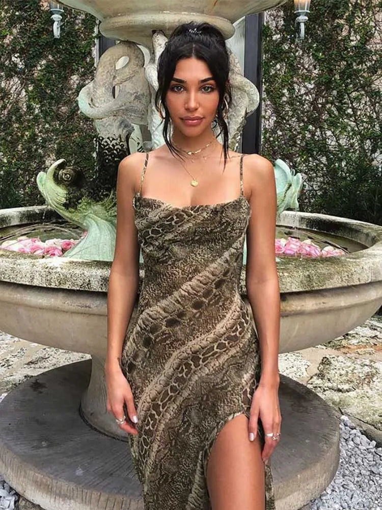 Snake Print Chiffon Sheer Strap Backless Slit Slip Dress - View 6 | VelvetHem